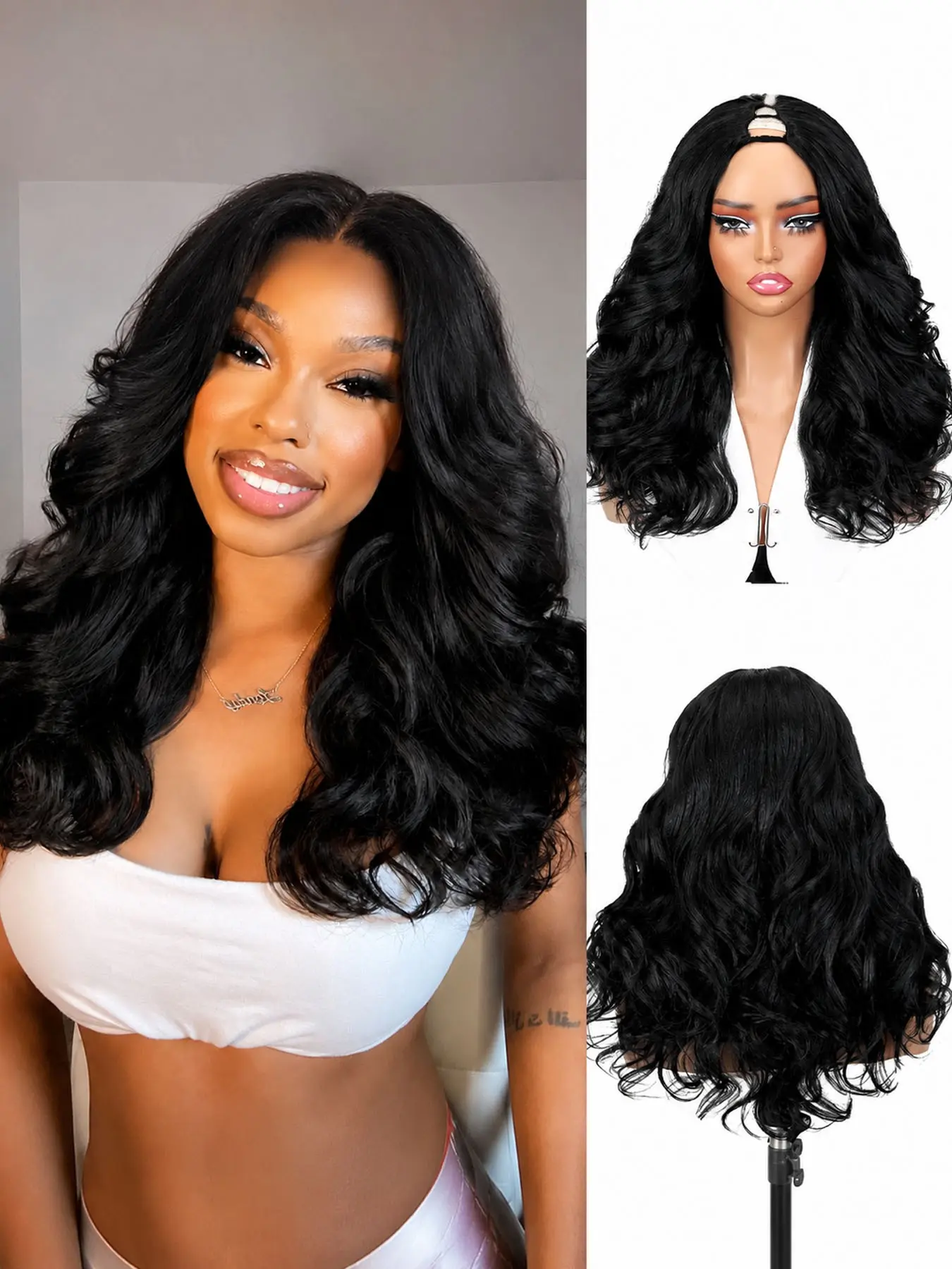 V Part Curly Wig for Black Women Glueless Wear and Go Synthetic Half Wig Natural Layered Waves Heat Resistant Fiber Daily Use 18 Inch Black
