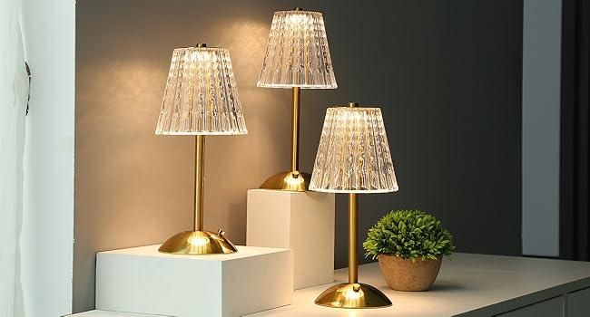 2pcs Cordless Table Lamp, Rechargeable Battery Operated Lamp, 3 Color Modes & Stepless Dimmable LED Touch Lamp, Portable Crystal Gold Metal Beside Lamps for Bedroom Living Room Restaurant Outdoor