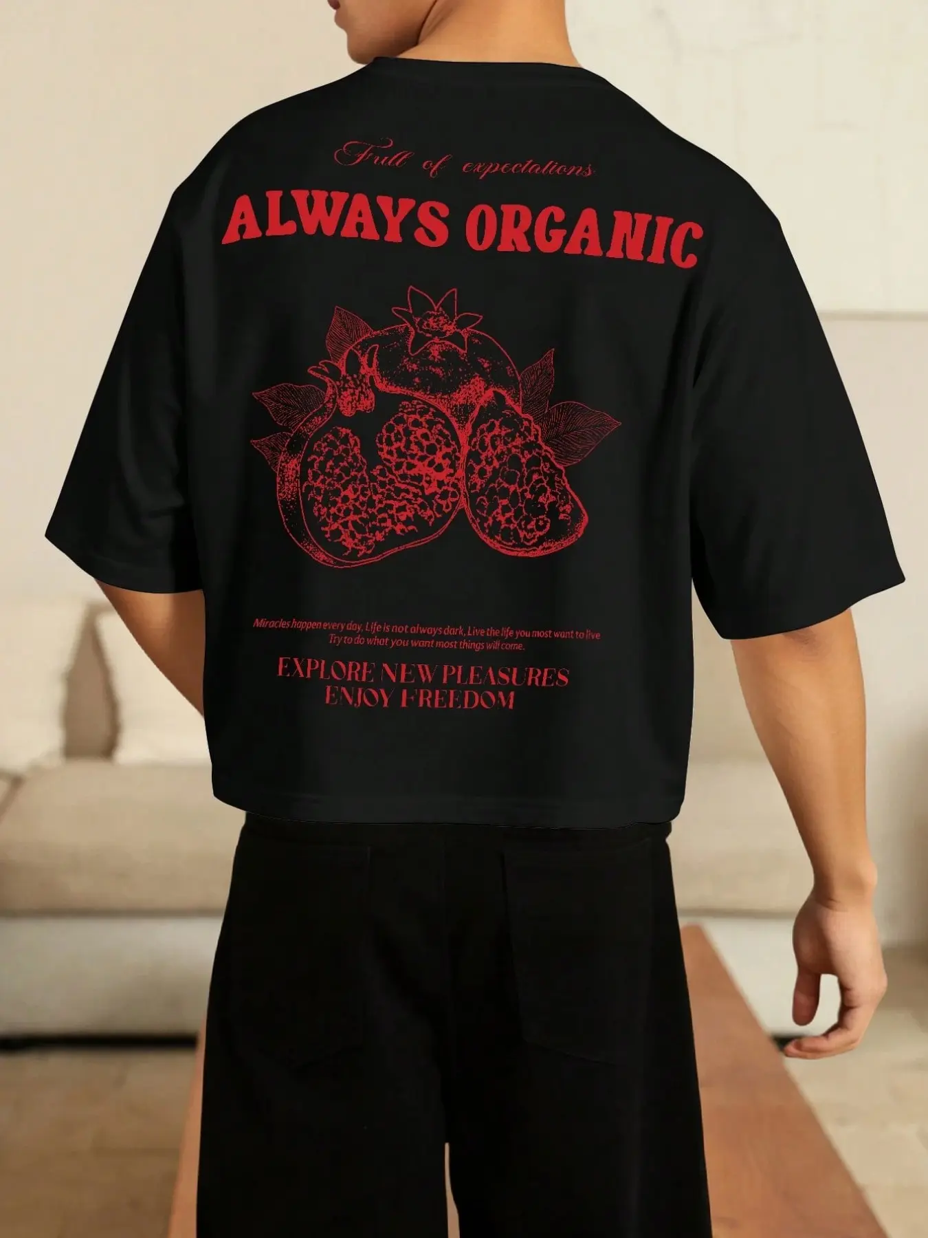90s Retro Vintage Fruit Graphic Cropped Tshirt for Men,Lightweight Wrinkle Free Oversized Drop Shoulder Short Sleeve Top with Multi-line Slogan&Pomegranate Back Print,Ideal Streetwear for Beach Vacation Daily Hip Hop Outfit