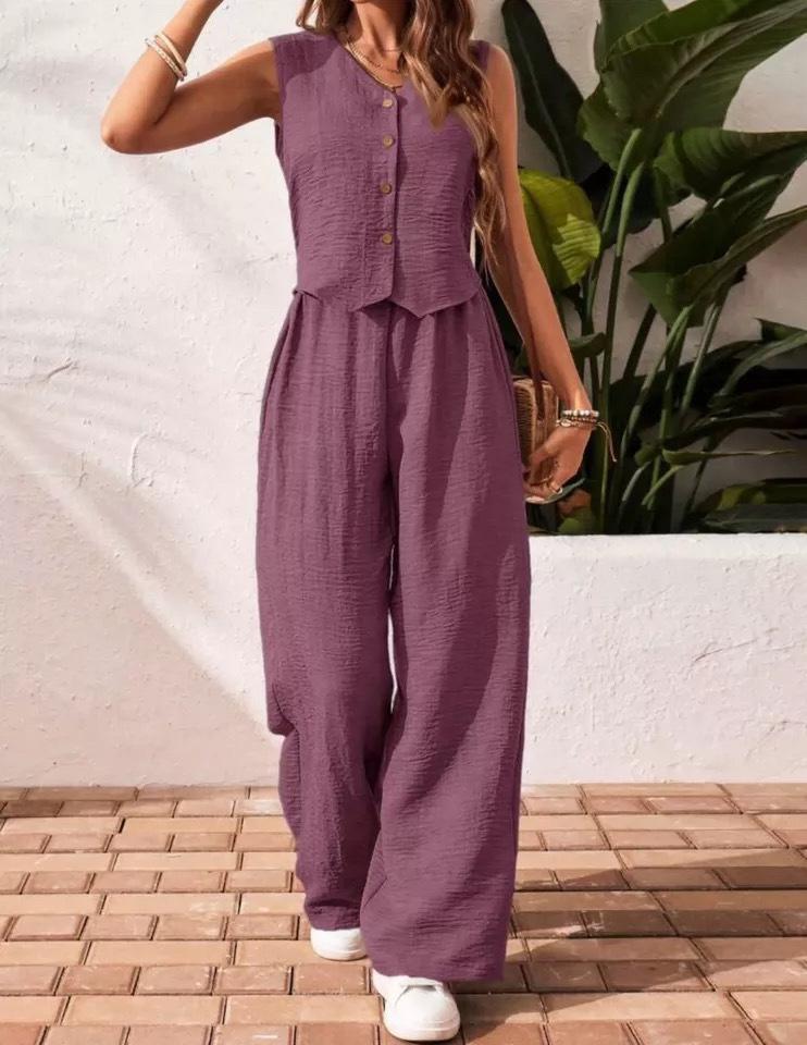 Women's 2 Piece Vest and Pants Set, Casual Button Down Waistcoat and Wide Leg Pants Matching Outfit