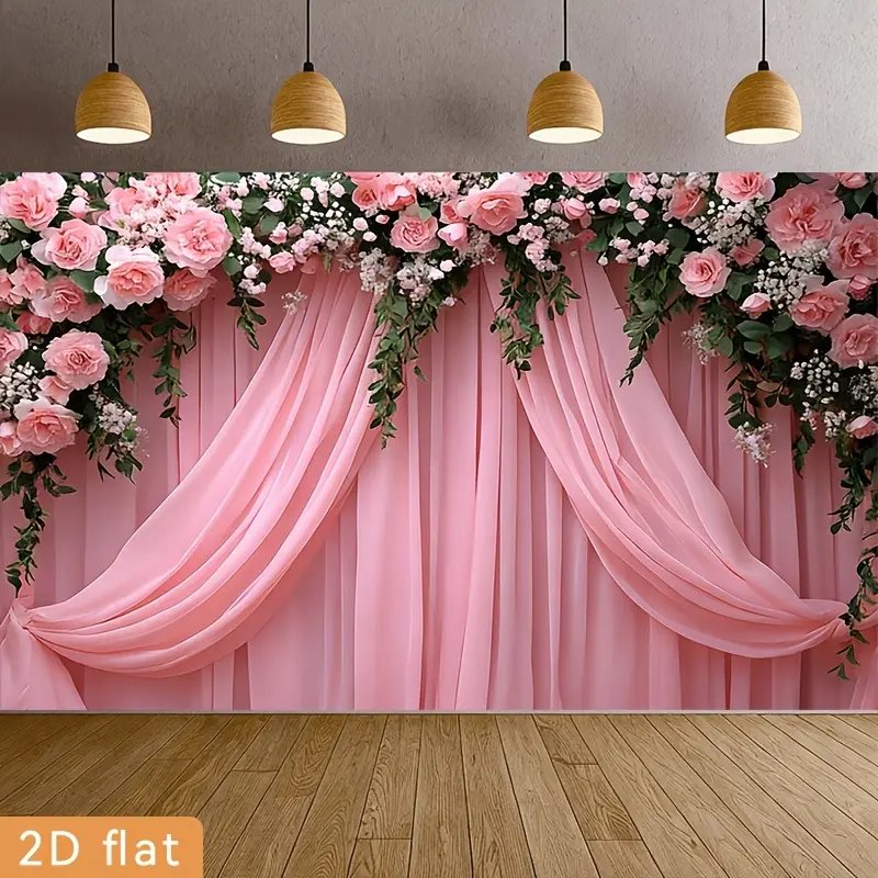 Pink Floral Drapery Wedding Wall Tapestry, Elegant Polyester Photography Backdrop for Party, Living Room, Courtyard, Garden, Wedding, Photo Booth and Live Streaming Decor