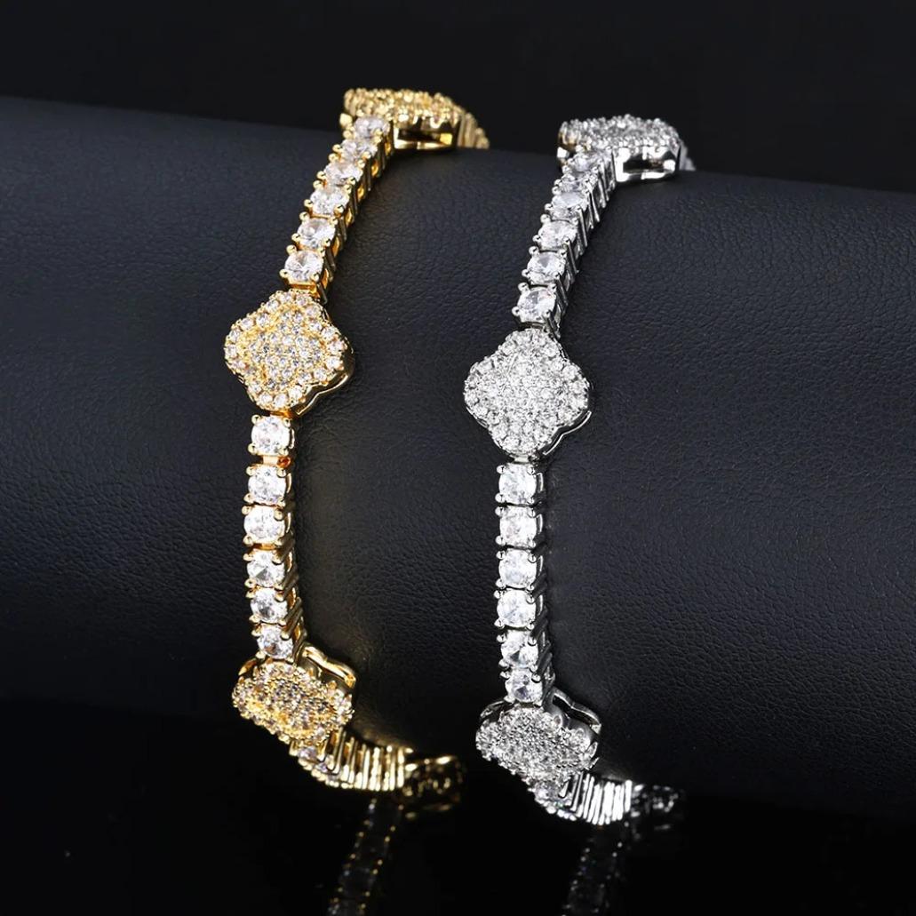 Luxury Iced Out Flower Necklace Bracelet Set Diamond Bling Jewelry for Women Gold Silver Chain Set