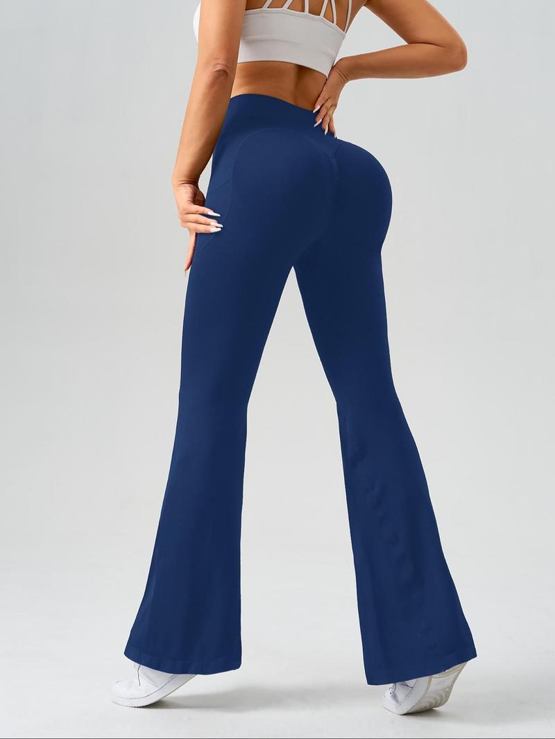 Women's Solid High Waist Flare Leg Sports Leggings, Athleisure Fitness Leggings, Casual Comfy Pocket Design Bell Bottom Trousers for Yoga Gym Workout Running, Ladies Sportswear for Fall & Winter