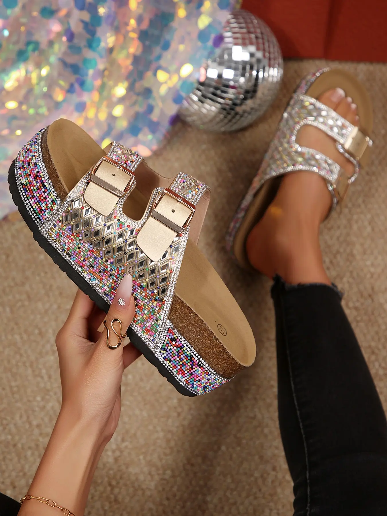 Summer New Sparkly Party Style Full Rhinestone Double Buckle Soft Wood Thick Sole Sandals, Zigzag Bottom Multi-Color Heeled Women's Shoes