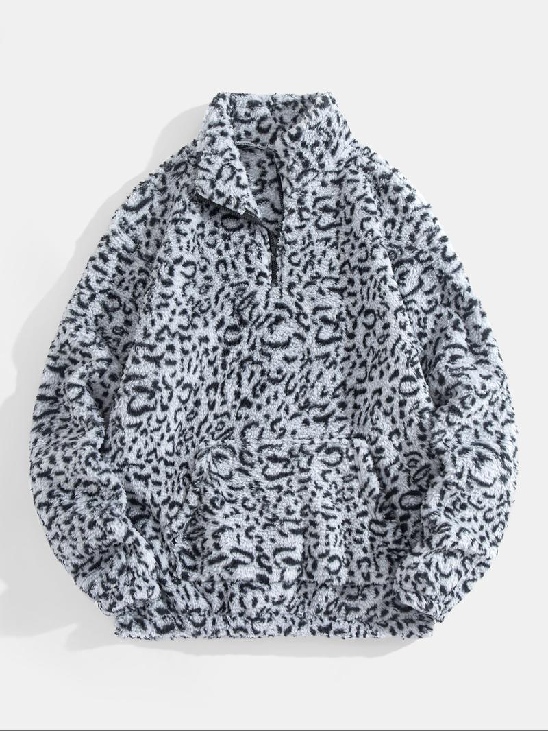 Men's Leopard Print Pocket Half Zip Plush Sweatshirt, Loose Casual Long Sleeve Drop Shoulder Fuzzy Pullover for Winter, Fashion Men's Clothes for Daily Wear, Casual Sweatshirts