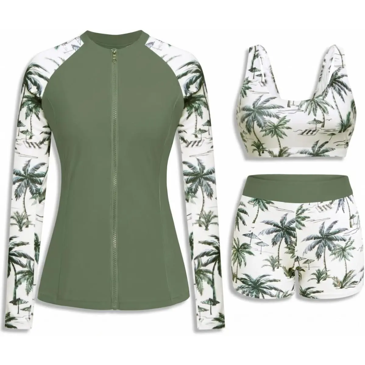 Women's Long Sleeve Rash Guard Swimwear Set - 3 Piece with Shorts, Zipper, SPF Sun Protection, Built-in Bra(Gift)