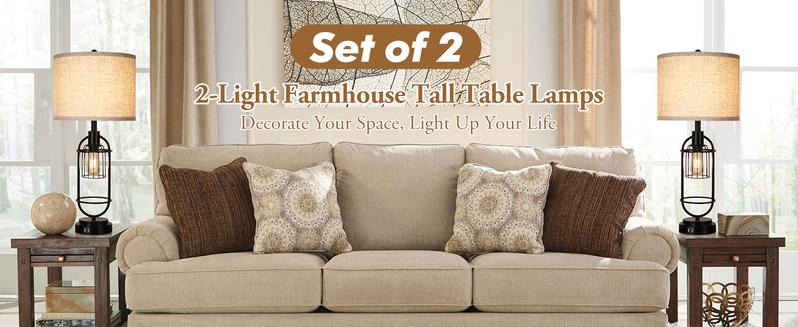 Set of 2 Table Lamps for Living Room with USB Ports, 29" Tall 2-Light Bedside Lamps, Farmhouse Nightstand Lamp with Cream Fabric Shade, Industrial Desk Lamp for Bedroom End Table Reading Lamp E26 Base