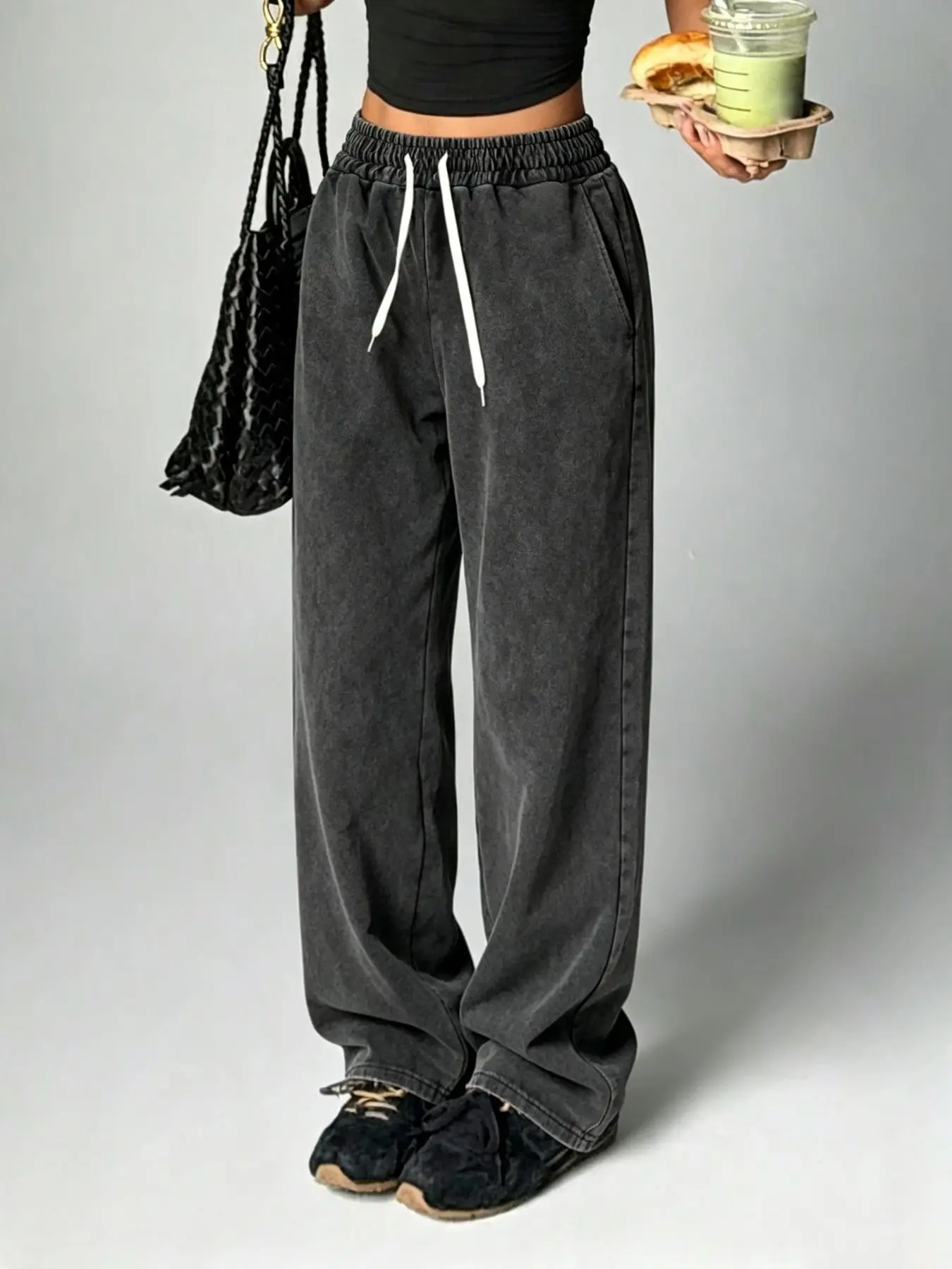 Women's Drawstring Waist Loose Fit Sport Pants, Comfortable Casual Athletic Trousers, Street Style Workout Jeans