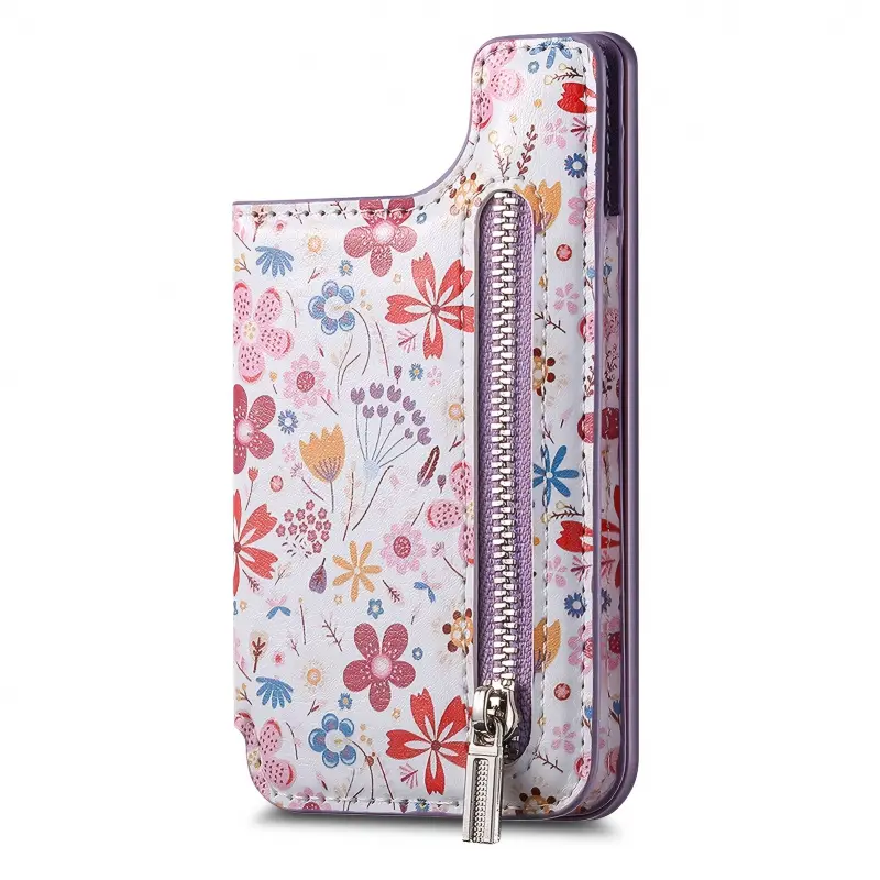 Floral Painted Adhesive Cute Mobile Phone Wallet, Faux Leather Card Holder with Zipper Pocket, Portable Phone Stand and Card Storage Accessory, Phone Accessories