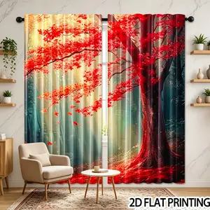 2D plan, 2 autumn red scene printed polyester Valentine's Day curtains, semi blackout, with pole pockets, perfect for living room and bedroom, vacation home and office decoration, New Year party rooms