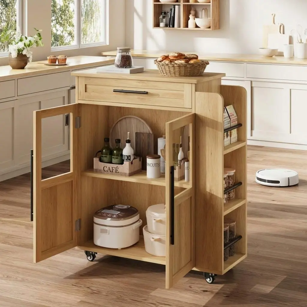 Mobile Kitchen Island Cart Storage Cabinet, Glass Door Cabinet, Drawer, Spice Rack, Towel Bar – Rolling Coffee Bar, Mobile Kitchen Trolley with Storage, Thickened Worktop