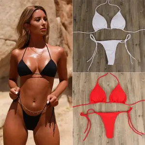 Women's Solid Color Halter 3-Piece Swimsuit - Adjustable Tie, Multi-Color Split Bathing Suit for European American Styles (Sports & Outdoor Clothing)
