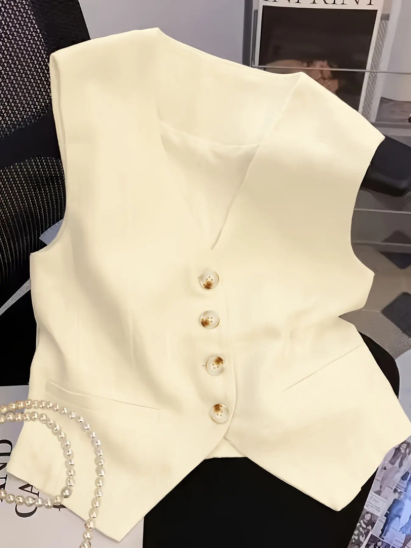 V-Neck Vest Jacket for Women, Chic Button Fall High-Quality Sleeveless Suit, Unique Waist Cinch Slimming Top, Elegant Upper Garment
