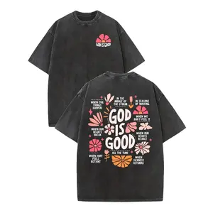 Men's Distressed Vintage Christian T-Shirt - 230GSM Washed Cotton, Floral Design, God Is Good All The Time Message, Unisex Short-Sleeve, Round Neck, Figure-Flattering Christian Clothing for Church, Religious Events
