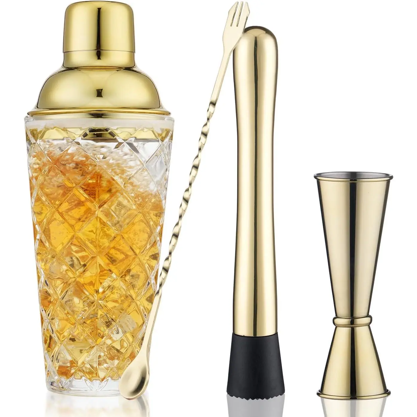 Gold Cocktail Shaker Set - Premium Glass Bartender Kit with Measuring Jigger, Mixing Spoon, and Muddler