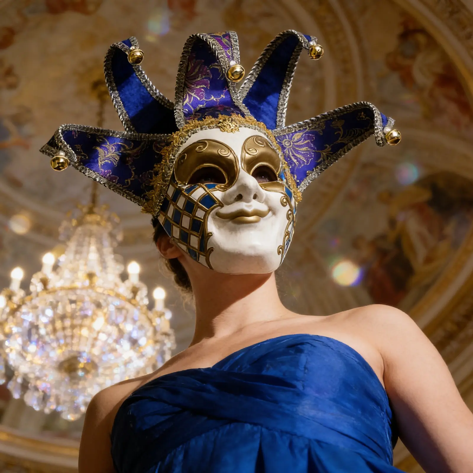 Venice Clown Mask, Vintage Elegant Gold Multicolor, Embroidered Trim Bell Decoration, Cosplay Party Festival Performance