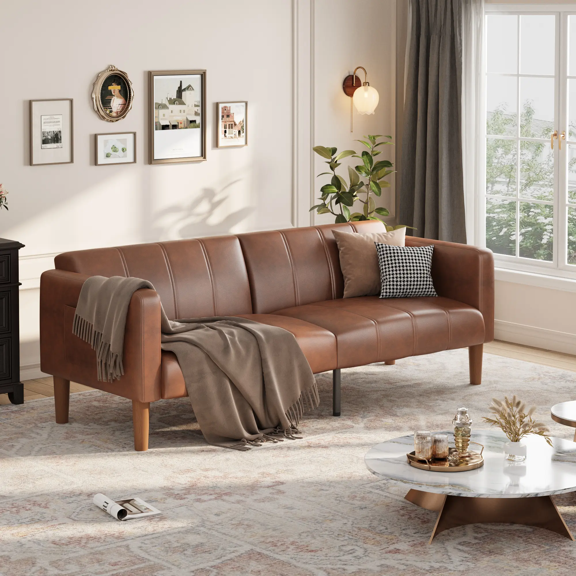 75" Futon Sofa Bed, Modern Faux Leather Convertible Couch, Mid-Century Loveseat for Small Spaces, Living Room & Bedroom