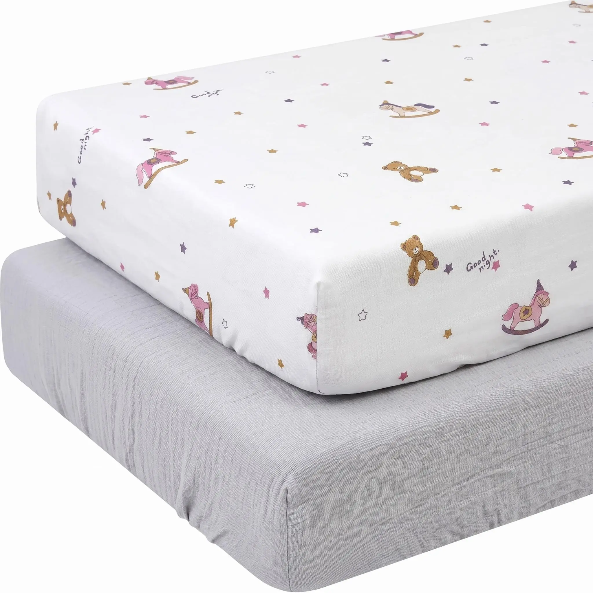 2-Pack Baby Cot Fitted Sheets, Grey Carousel Horse Print Crib Mattress Covers with Elasticated Edges, 3 Sizes, Crib Bedding