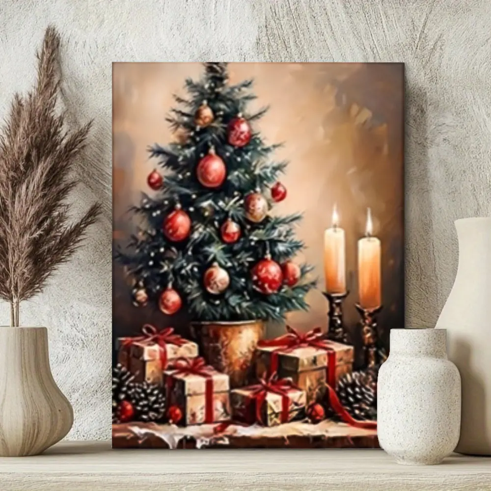 Vintage Christmas, Canvas Wall Art, Festive Tree With Red Ornaments And Candles, High Definition Giclee Print, Living Room Holiday Decor, 1 Piece Unframed