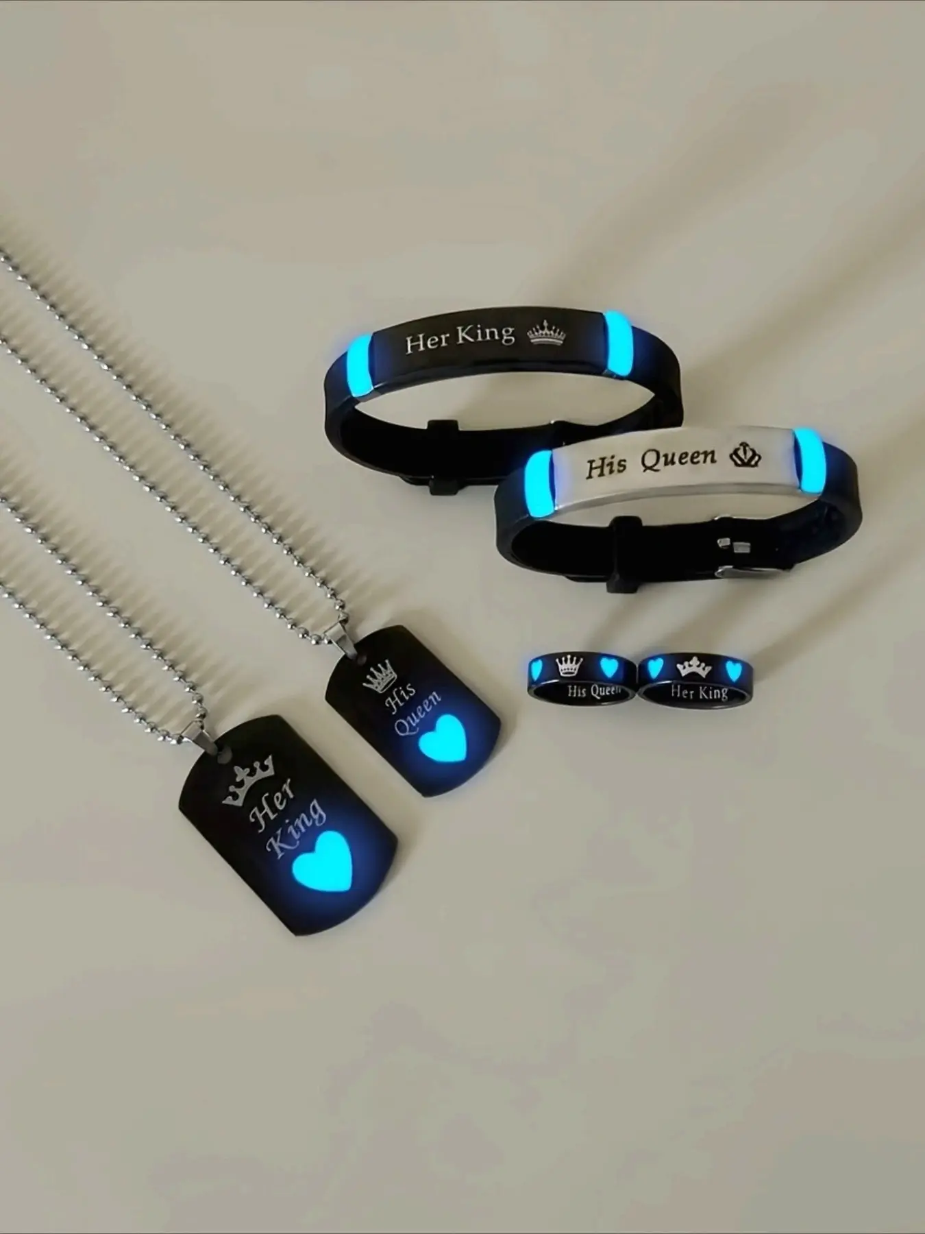 6pcs Glow-In-The-Dark Heart Crown Necklace Bracelet Ring Set, Matching Jewelry Set, Stainless Steel Couple Jewelry, Women's Love Promise Gift