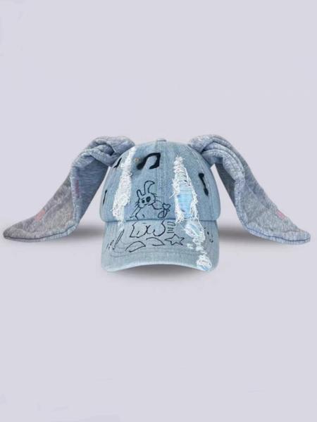 Unisex Wasteland Style Bunny Ear Baseball Cap, Adjustable Snapback Cap, Punk Denim Trucker Hat with Chain, Streetwear Hip Hop Costume for Halloween Party