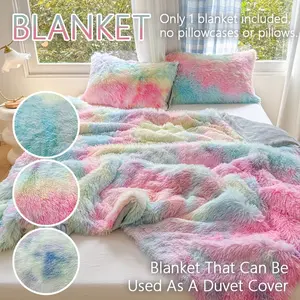 Convertible Shaggy Rainbow Blanket, 2-in-1 Duvet Cover & Throw, Soft Fuzzy Bed Blanket for All Seasons, Pillowcases Not Included