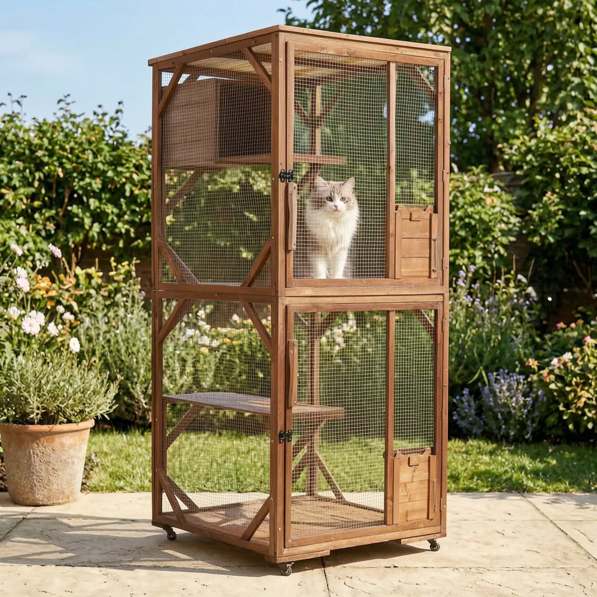 [Bellemave] Large 2-Tier Outdoor Wooden Cat Enclosure on Lockable Wheels, Solid Fir Cat Cage with Multi-Level Platforms & Resting House, Weatherproof Cat Playpen with Predator-Proof Wire Mesh for Backyard