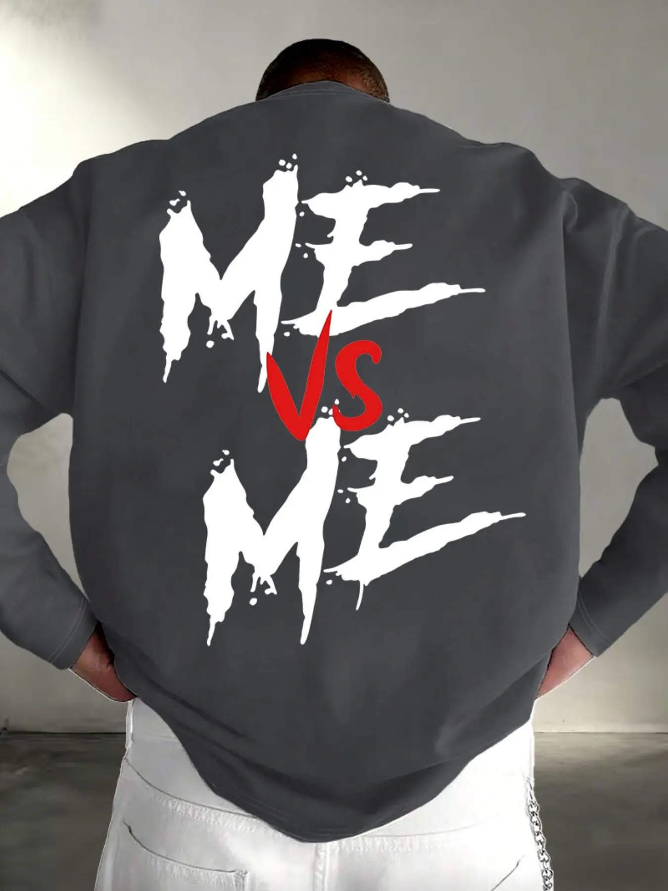 Men Crew Neck Loose Long Sleeve Tee, Front Mini ME VS ME Brush Letter Print & Back Large Splatter Graffiti Text Graphic Soft Curved Hem Hip Hop Street Casual Top #GraffitiLongSleeve #HipHopStreetwear #MEvsMETee