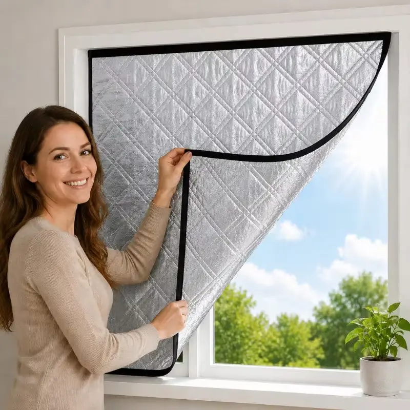 Full Light Block Window Shade, Light Blocking, Rhombus Quilted Aluminum Foil Magic Tape Roller Blind, Silver Color Edge, Heat Reflective, for Bedroom, Sunroom, RV, Camper