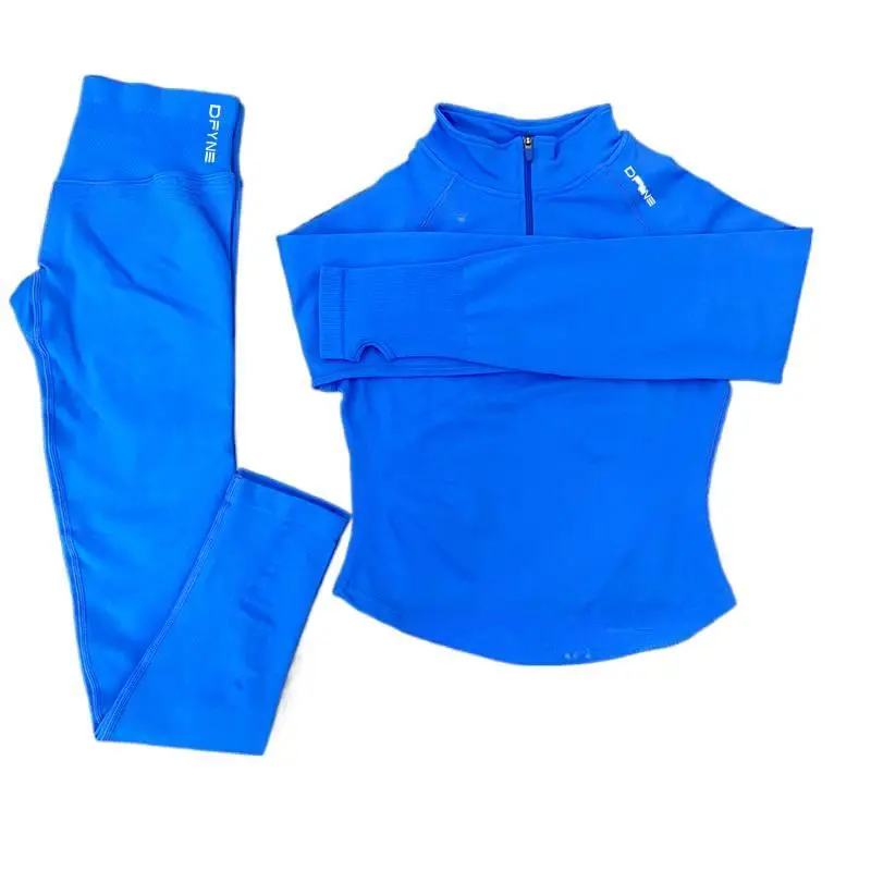 DFYNE High Stretch Compression Gym Outfit 1/2 Zip Running Top and Seamless Leggings Set Pilates Workout Clothing