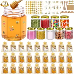 70 Pack 3 oz Mini Hexagon Glass Honey Jars with Dippers, Gold Lids, Bee Stickers, Bee Charms, Gift Bags & Jute, Empty Small Jars for Bulk Party Favors, Ideal for Baby Showers & Weddings
