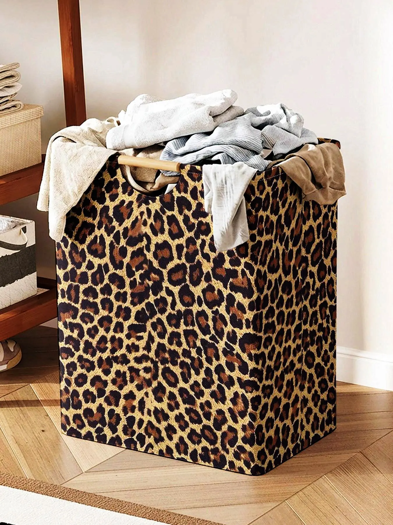 Leopard Pattern Open Storage Box, Foldable Laundry Basket with Handle, Laundry Hamper, Home Bathroom Dirty Clothes Organizer, Casual Duffel Weekender Bag