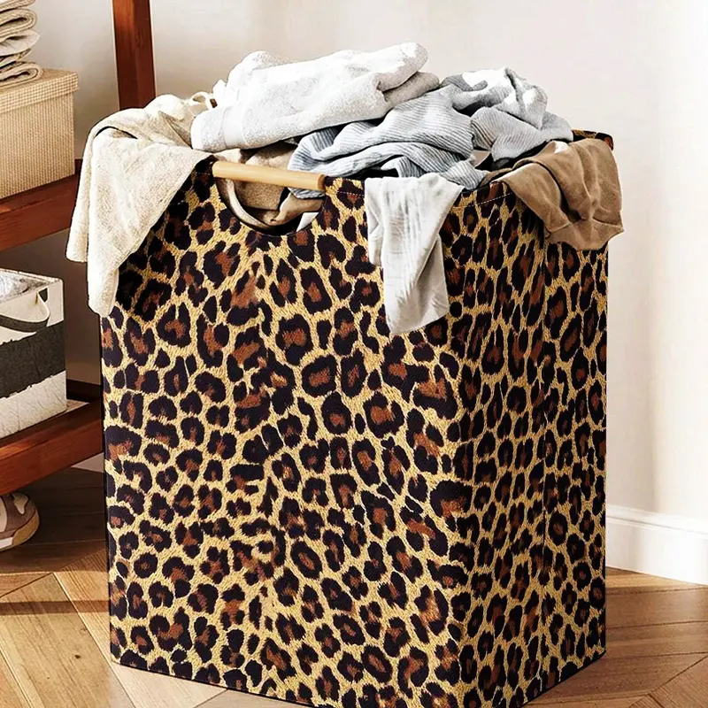 Christmas Leopard Print Open Storage Box, Foldable Laundry Basket with Handle, Home Bathroom Travel Essential, Casual Duffel Bag, Laundry Hamper