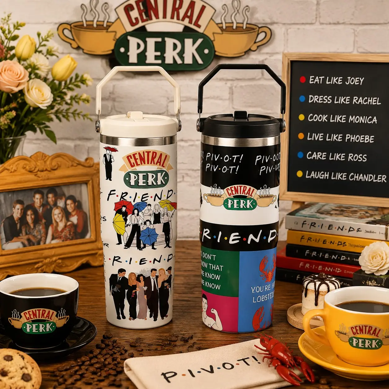 30oz Friends Inspired Central Perk Tumbler with Handle, Stainless Steel Insulated Travel Cup, Retro Coffee Lover Gift, Best Gift Ideas for Birthday, Christmas, Valentine’s Day, Thanksgiving, Holiday Gifts for Friends & Family, Cute Aesthetic Drinkware for