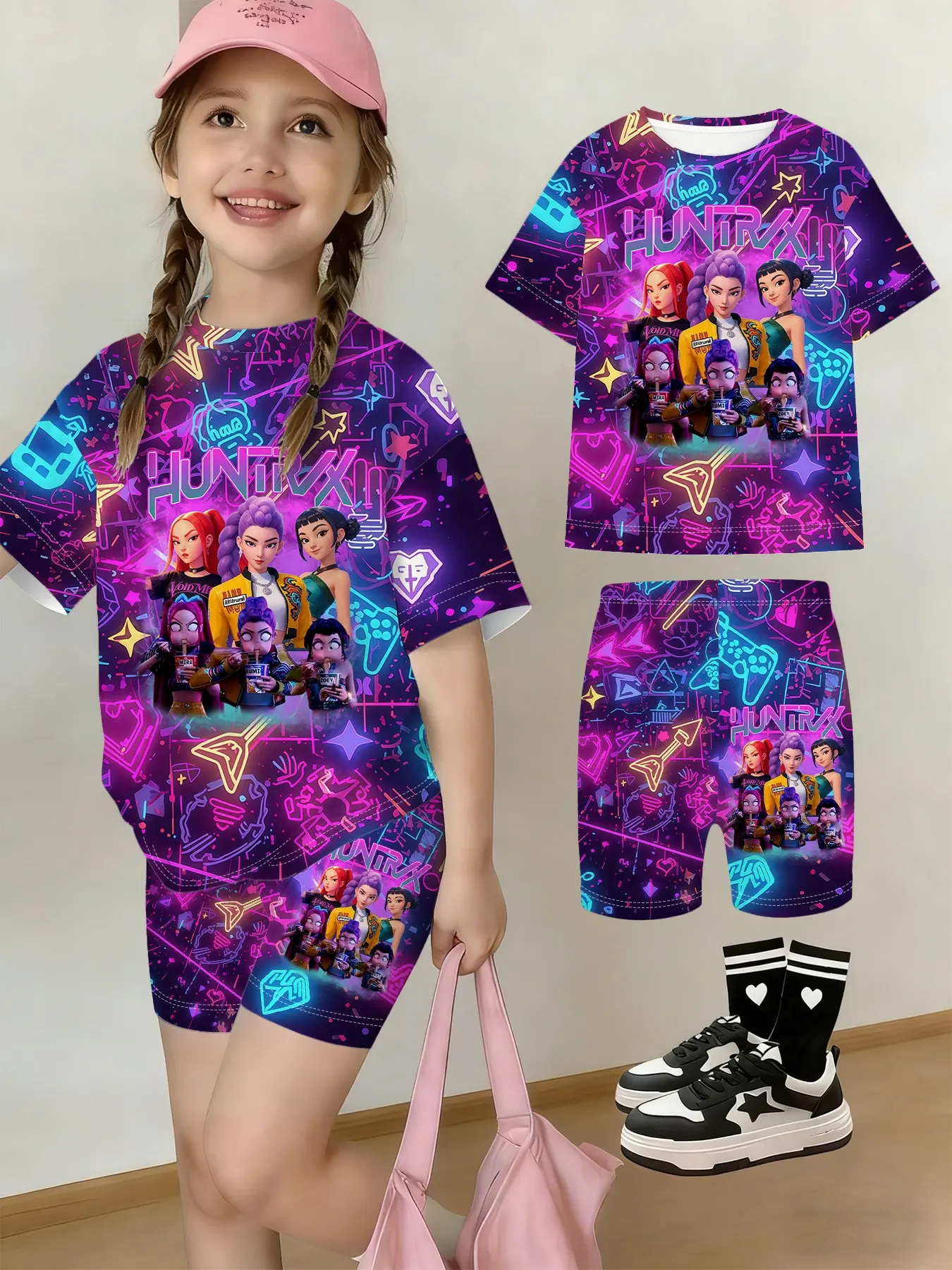 Girls' Summer Girl Group Series T-Shirt Shorts Set, Neon Cyberpunk Full Print Cartoon Design, Casual Streetwear, Summer Clothes Set, Outdoor Gift