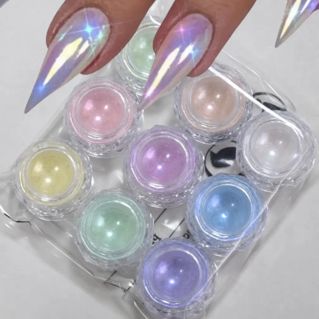 Mermaid Chrome Nail Powder, 9 Aurora Colors, High Gloss Pearl Shell Holographic Texture, Iridescent Shimmer Paint for Manicure Design, Diy Nail Art