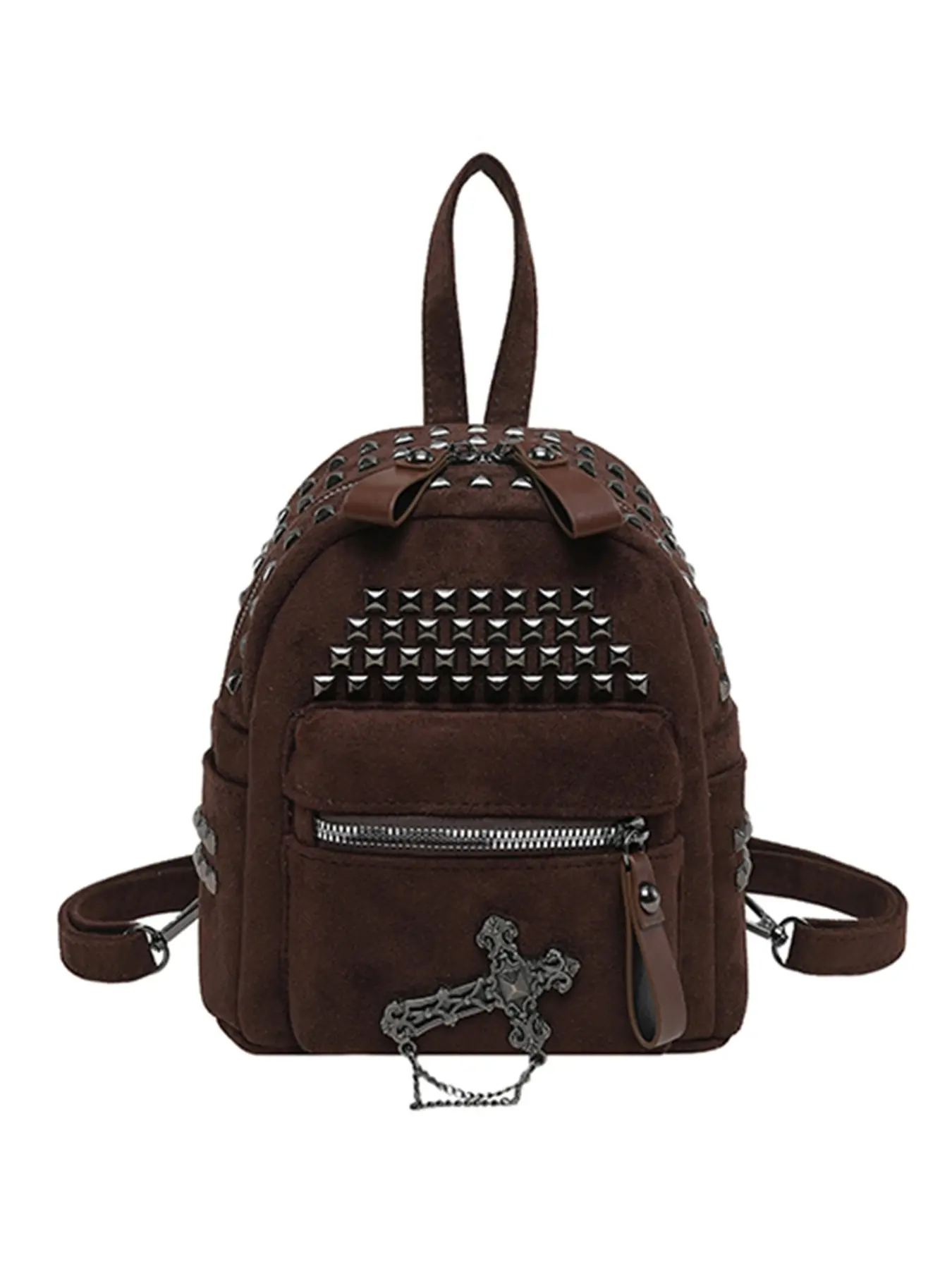 Mini Suede Fashion Backpack, Y2K Punk Style, Metal Rivets, Vintage Cross Chain, Multi-Pocket Zipper, Adjustable Straps, Halloween Christmas Gift