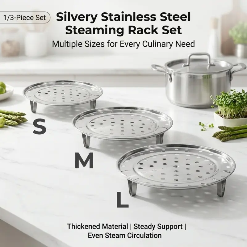 3 size stainless steel steaming rack set round perforated steamer tray stand multi purpose cooking trivet for pot instant pot pressure cooker fruit vegetable seafood steaming Cookware