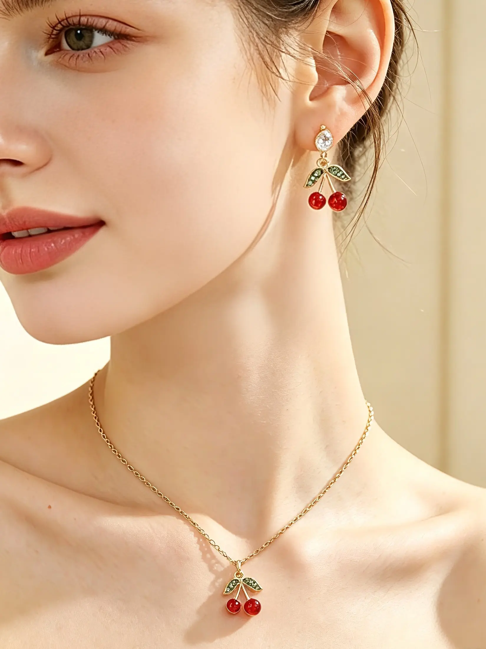 Sweet Cherry Jewelry Set for Women, Stainless Steel Chain Necklace, Alloy Rhinestone Cherry Dangle Earrings, Perfect for Daily Wear or Gifts