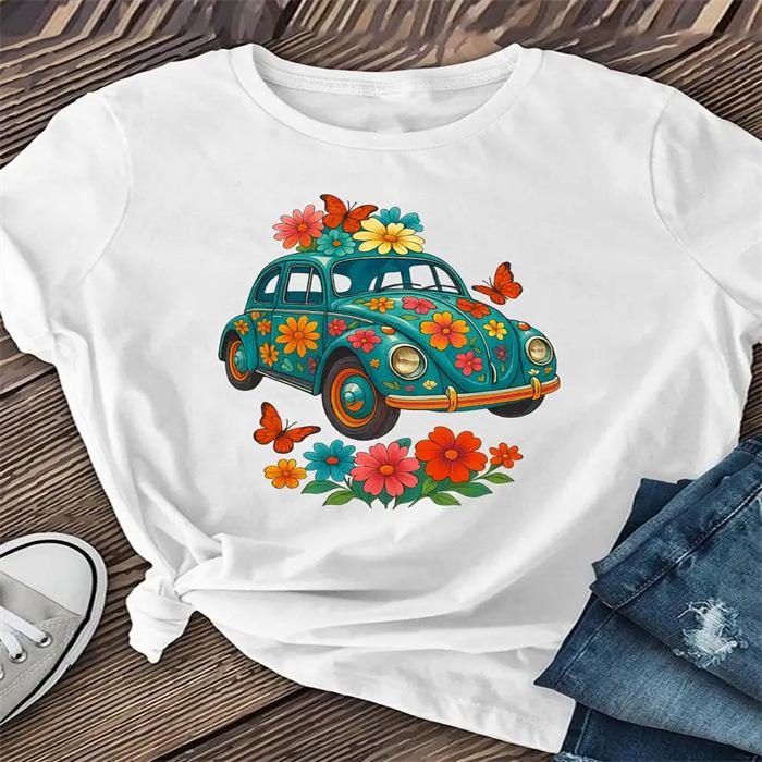 Vintage Women's Turquoise Floral Short Sleeve T-Shirt Comfortable Breathable Casual Blouse Perfect for Daily and Party Wear