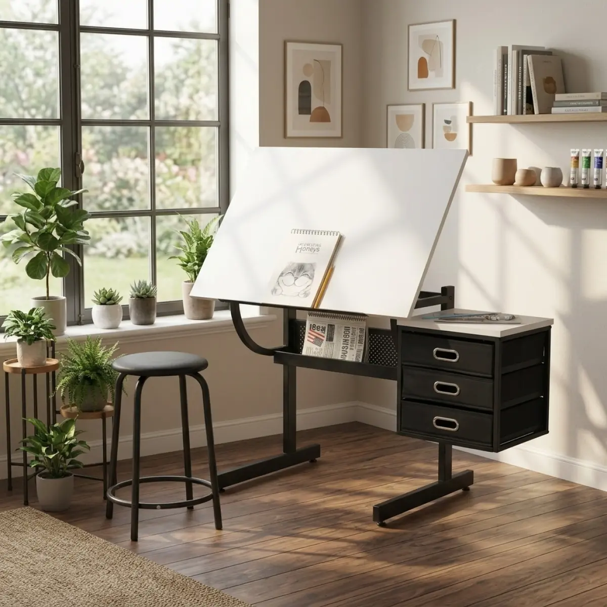 [Bellemave] Adjustable Drafting Drawing Table with Stool and 3 Storage Drawers, Writing Table for Crafting, Reading