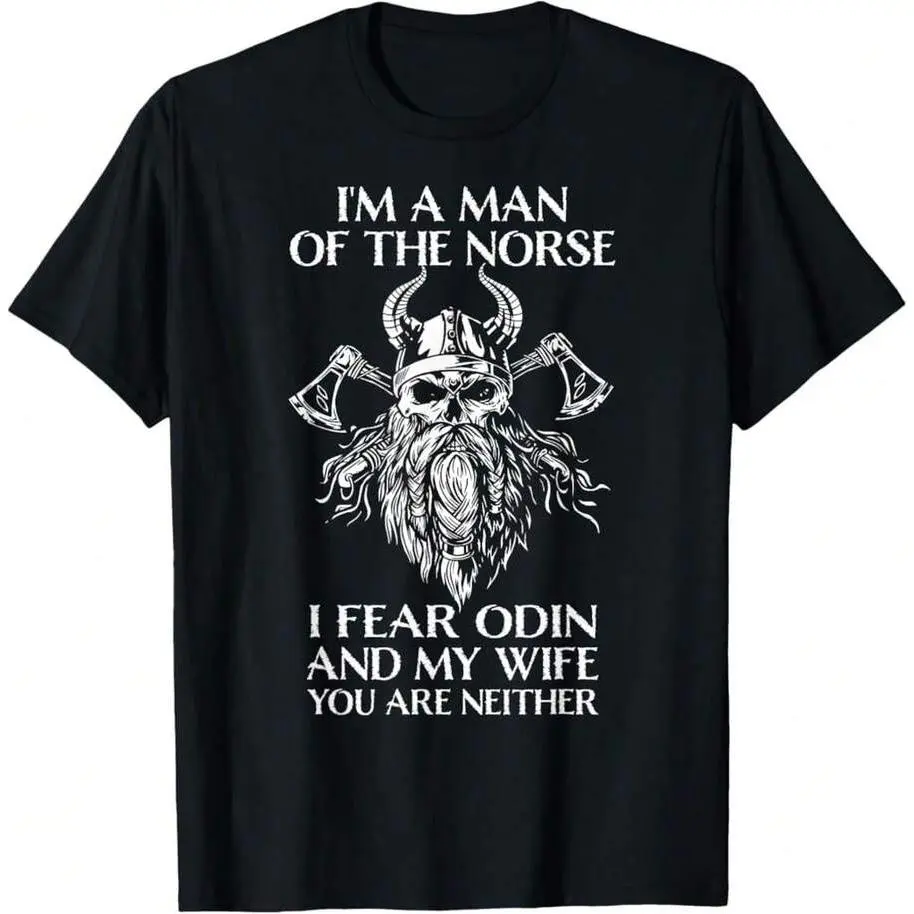 180gRetro Viking Runesorse Mythology Clothing Co., Mens I'M A Man Of The Norse, Matching Couple Outfits,OVERSIZE,Black Casual Short Sleeves, 100% Cotton