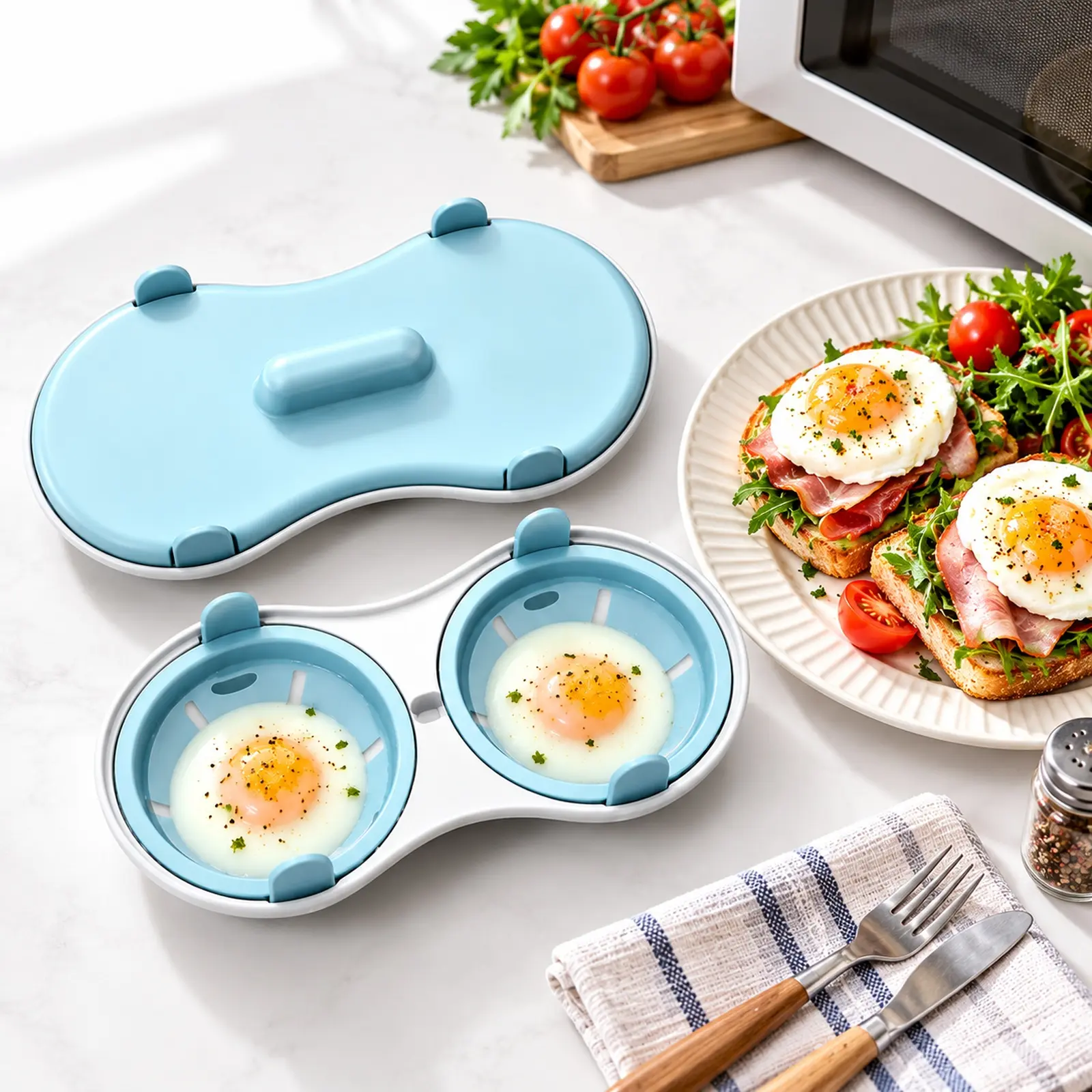 Microwave Egg Poacher Mold with Lid, Dual Cavity Egg Cooker for 2 Eggs, Kitchen Gadget for Breakfast Sandwiches
