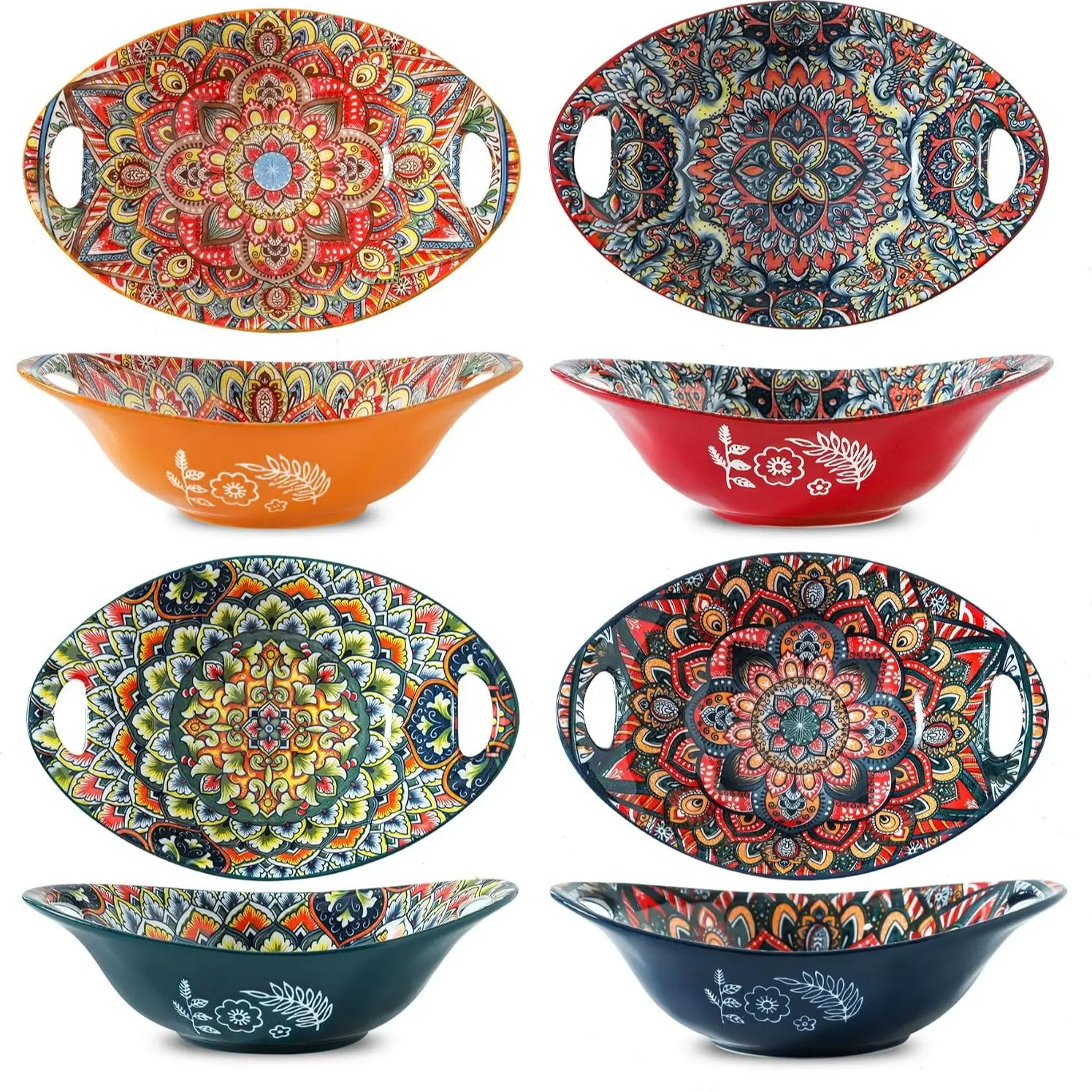 Ceramic Salad Bowls Set, Porcelain Soup Bowl with Double Handle 9 inch Set of 4-20 oz, Embossed Serving Bowl Set for Salad, Oatmeal, Dessert, Pasta, Dishwasher & Microwave Safe - Colorful