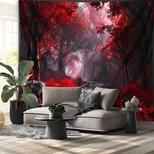 A Enormous Digital Print Tapestry Featuring a Magical Red Forest Landscape in 2D, Made of Aesthetic Printed Polyester Material - Perfect for Decorating Living Rooms, Bedrooms, And Parties - Includes Free Hanging Clips for Wall Decoration