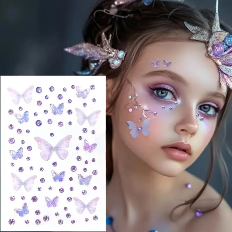 3D Butterfly Crystal Diamond Face Stickers, Colorful Fairy Round Rhinestones, Self-Adhesive Makeup Stickers for Body Decoration, Stage Performance