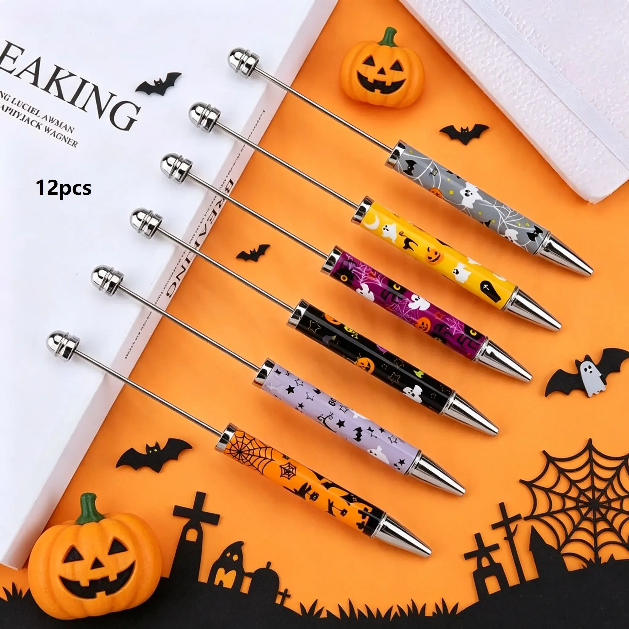 12-Pack Halloween Beaded Pens, Ink, Creative Halloween Ballpoint Pens, Pumpkin Ghost Bat Print DIY Pens, Student Festival Gift Party Stationery