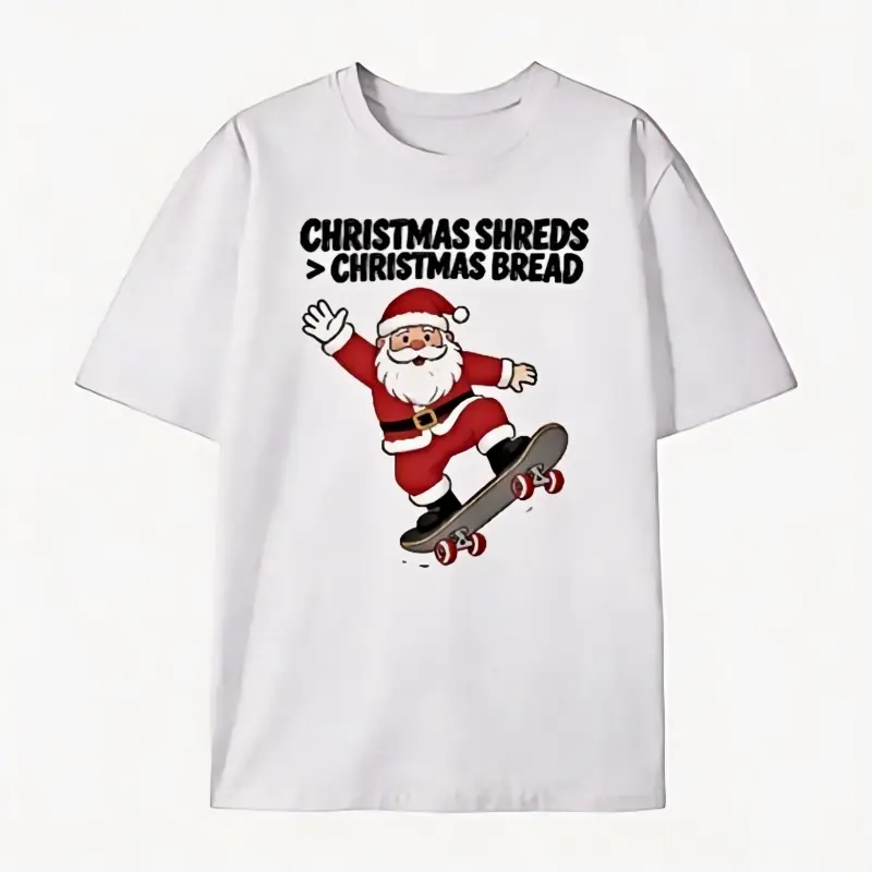Christmas Shreads Santa Skateboard Graphic Oversized Pure Cotton T-Shirt, Cute Christmas Comfort Fashion Outfit Tee, Perfect Christmas & Valentine's Day Gift For Skater Lover Family Friends, Ideal Winter Holiday Casual Top