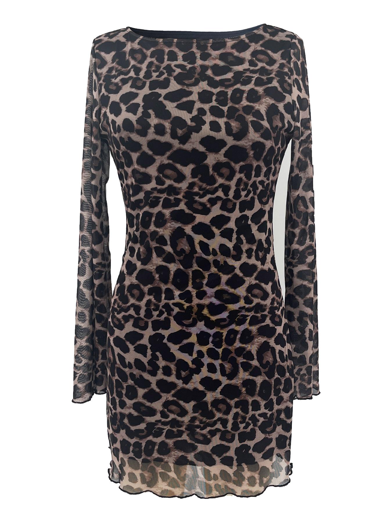 A 678 Women's Leopard Print Dress, Fashionable Versatile Elegant Casual Dress, Mesh Fabric for Commuting and Daily Wear