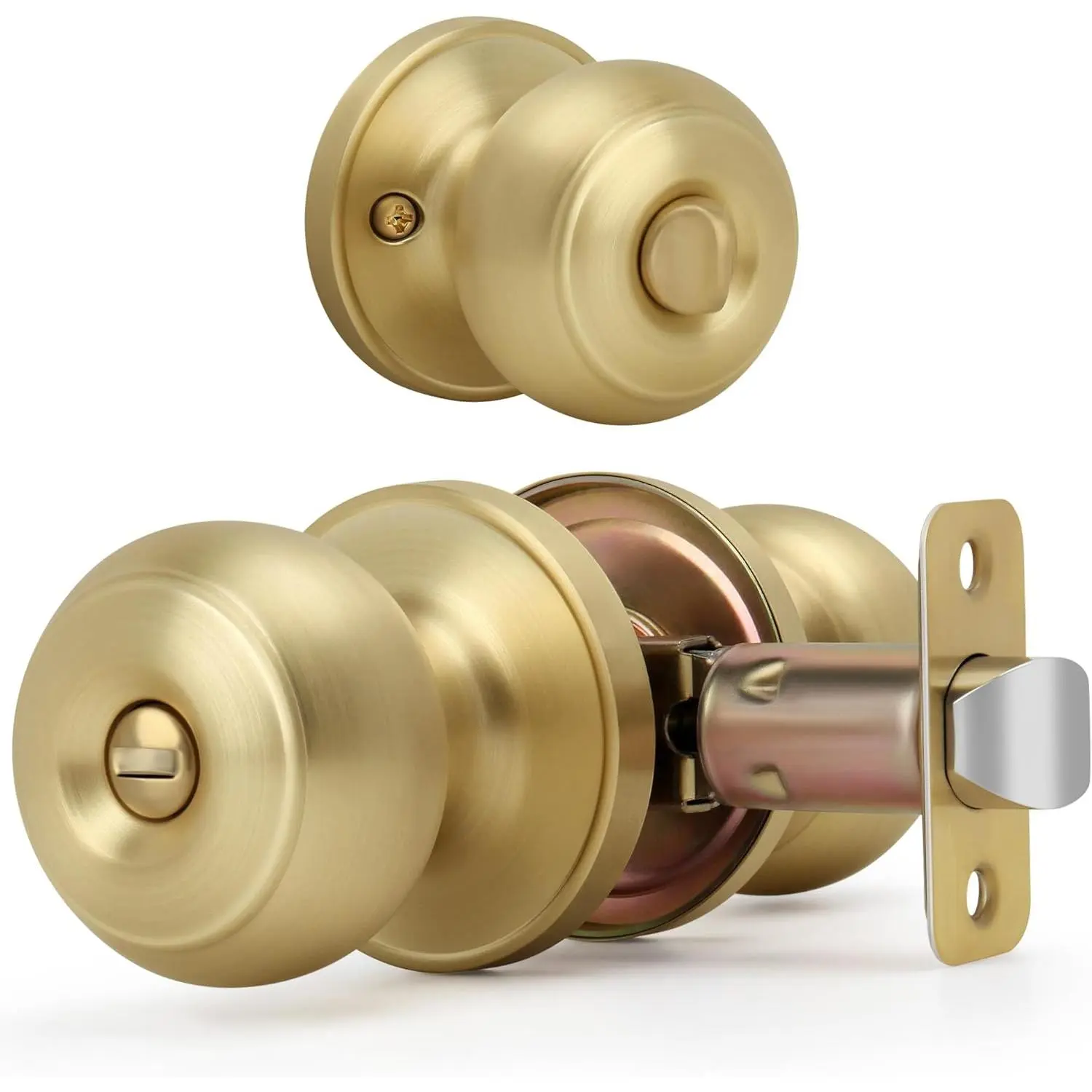 Satin Brass Brushed Flat Ball Door Knob with ANSI Grade 3 Lock, Keyless Latch Set, Synthetic Water Resistant Door Hardware for Bathroom Decor, Bedrooms, Round Handle